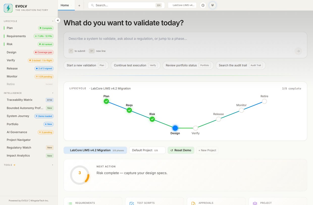 EVOLV lifecycle view — live V-model progress for a LIMS migration